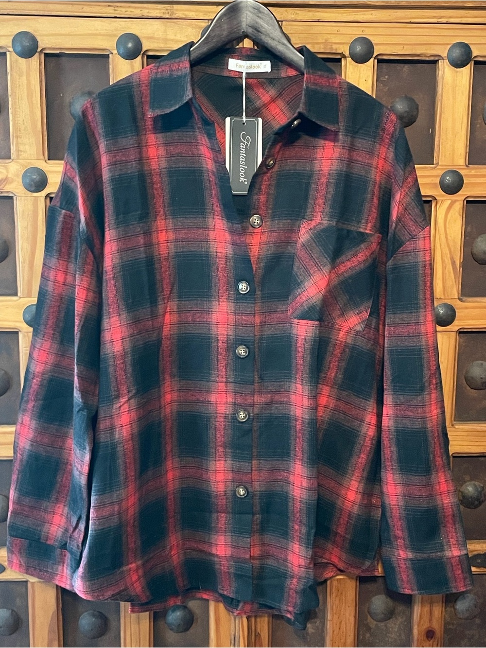 NWT XL RED BLACK FLANNEL BUTTON UP SHIRT